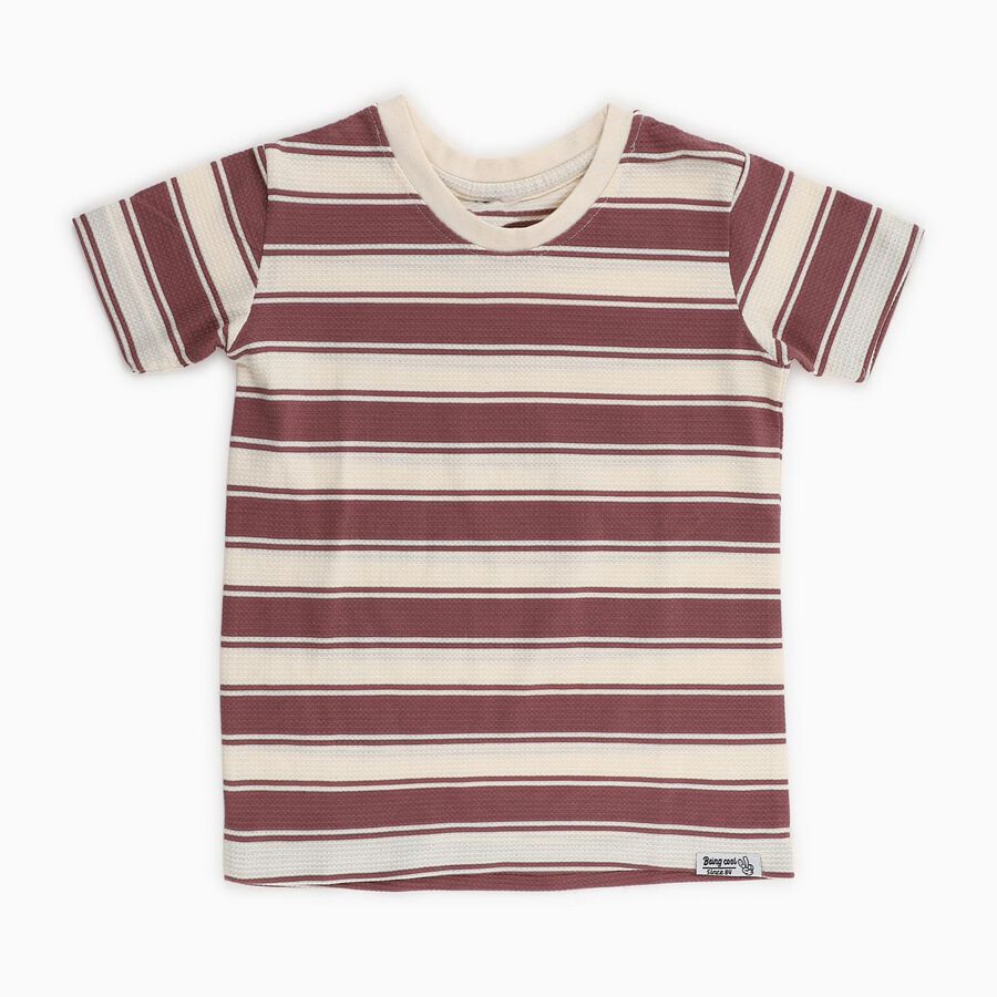 Boys Deep Maroon and White Crew Neck Casual T-Shirt, मरून, large image number null