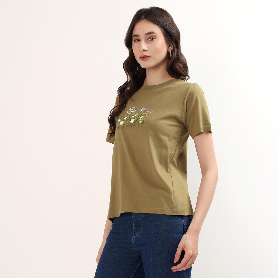 Women's Olive Cotton Round Neck Casual T-Shirt, Olive, large