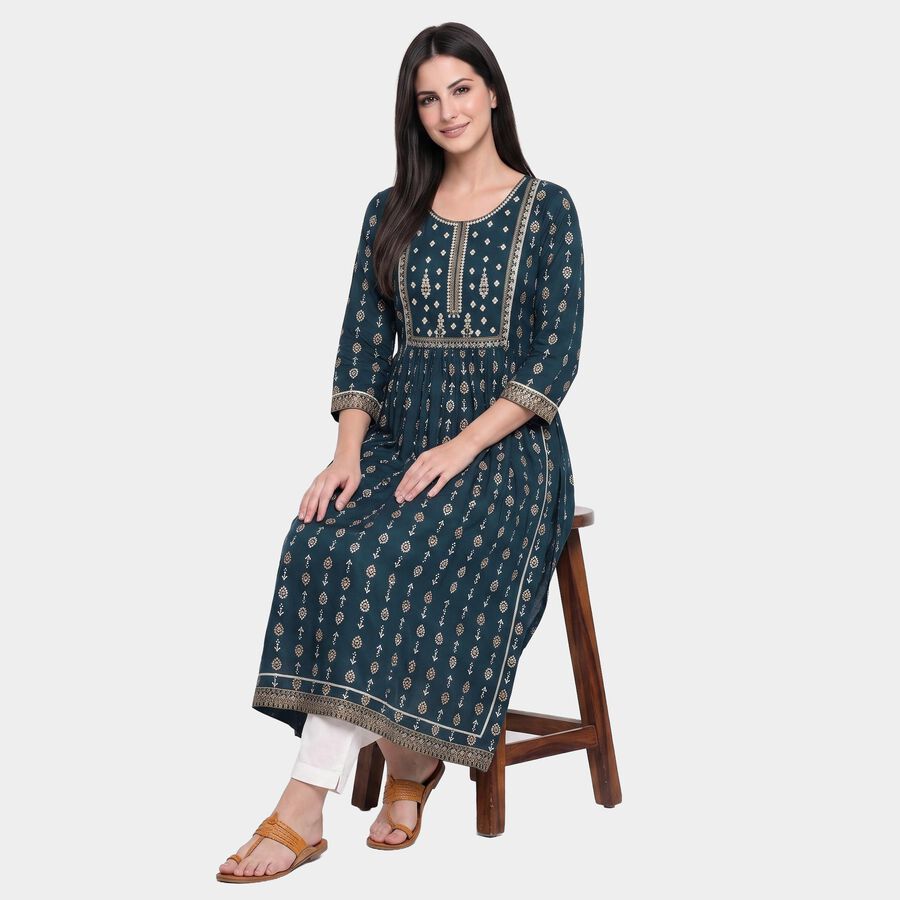 Women's Teal Round Neck Printed Kurta, Teal Blue, large