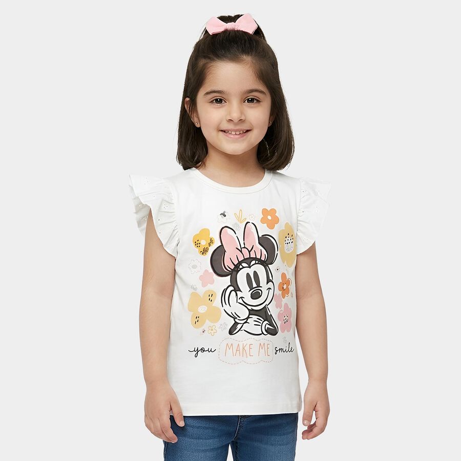 Girls' Off-White Cotton Round Neck Minnie Mouse Printed T-Shirt, ऑफ व्हाइट, large