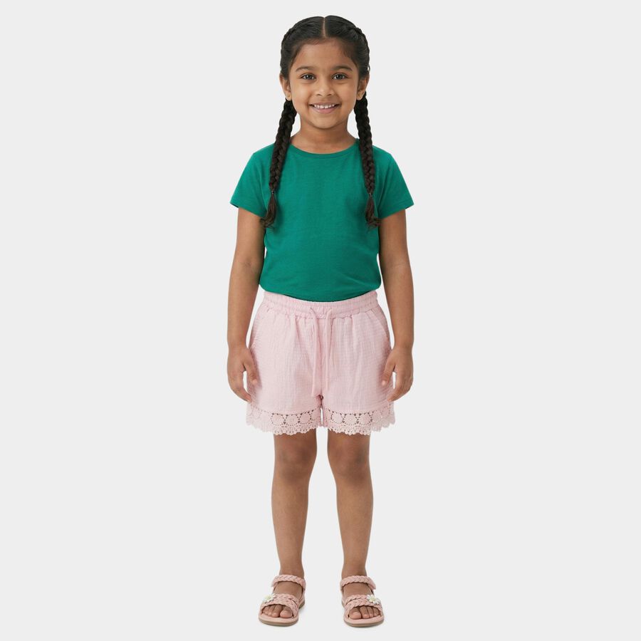 Girls' Pink Lace Hem Elastic Waist Shorts, हल्का गुलाबी, large