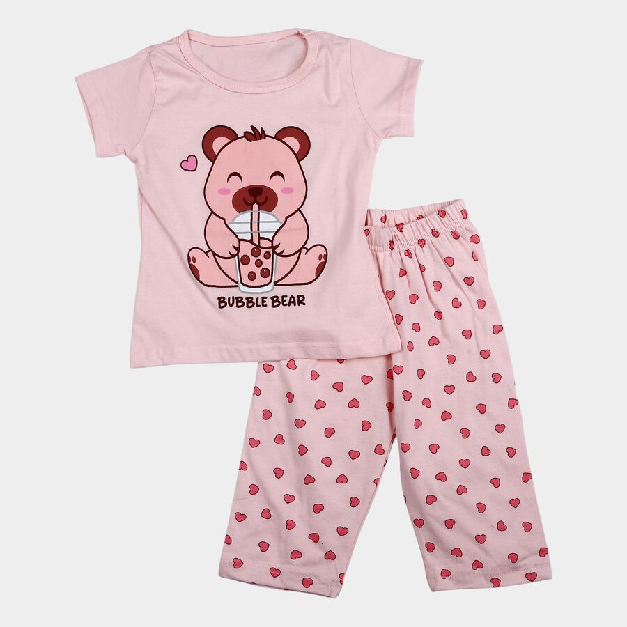 Girls Pink Round Neck Casual Top And Capri Set, हल्का गुलाबी, large