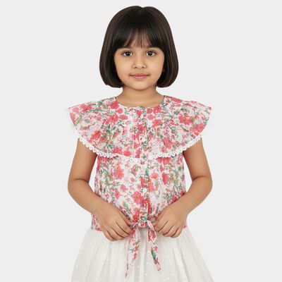 Girls White Round Neck Casual T-Shirt
