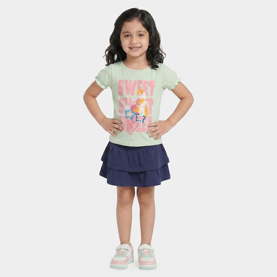 Girls Mint Green Cotton Round Neck Regular T-Shirt, Light Green, large