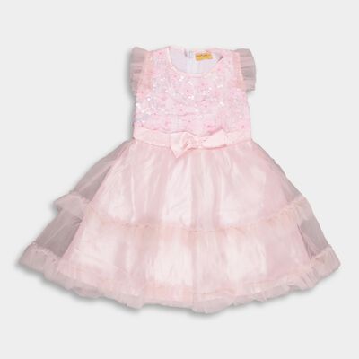 Girls' Soft Pink Sequined Floral Party Wear Frock