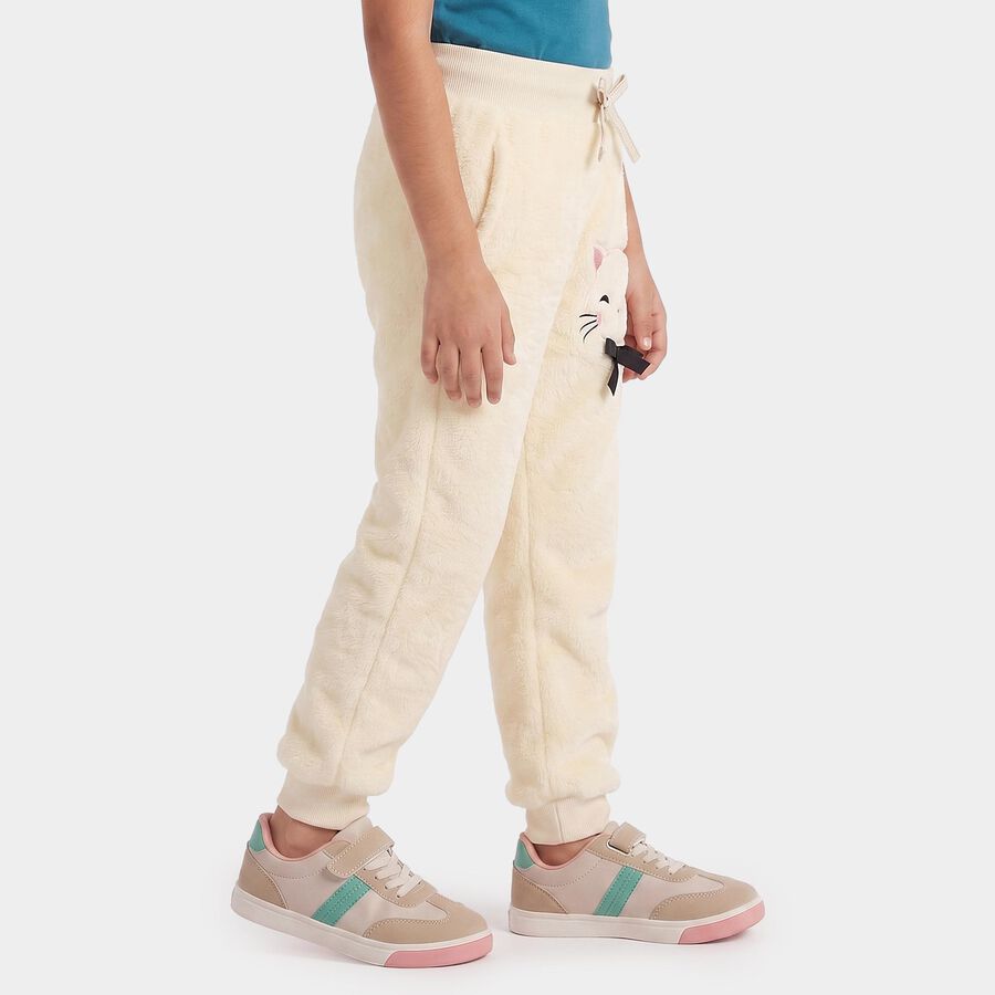 Girls' Cream Regular Fit Cat Applique Jogger Pyjama, ऑफ व्हाइट, large
