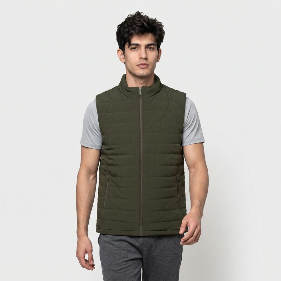Men's Olive Green Stand Collar Puffer Jacket, Olive, large
