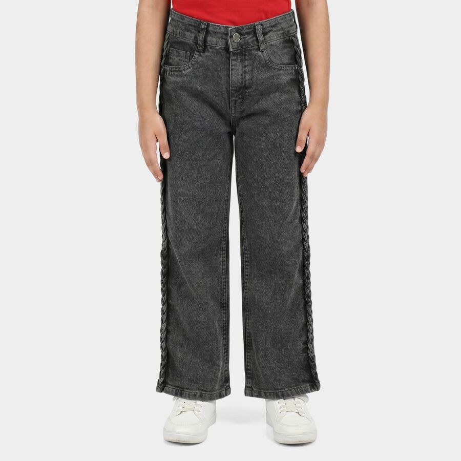Girls' Black Straight Fit Braided Side Jeans, काला, large