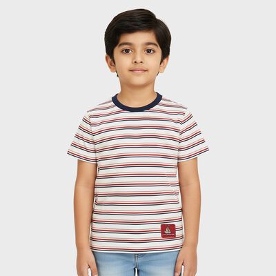 Boys Rich Eggshell White Cotton Crew Neck Casual T-Shirt