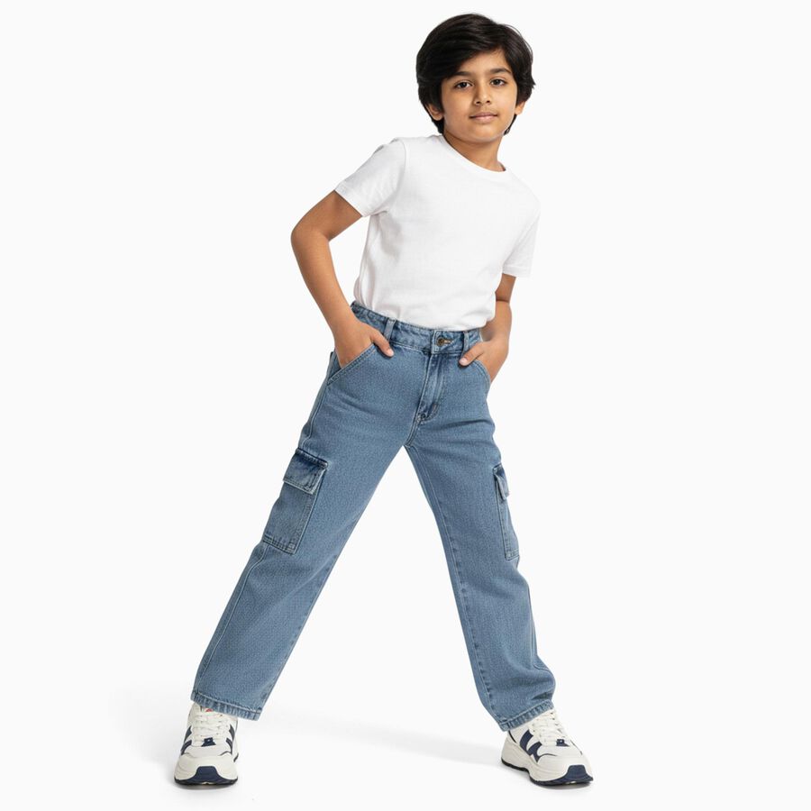 Boys' Light Blue Relaxed Fit Cargo Jeans, Mid Blue, large