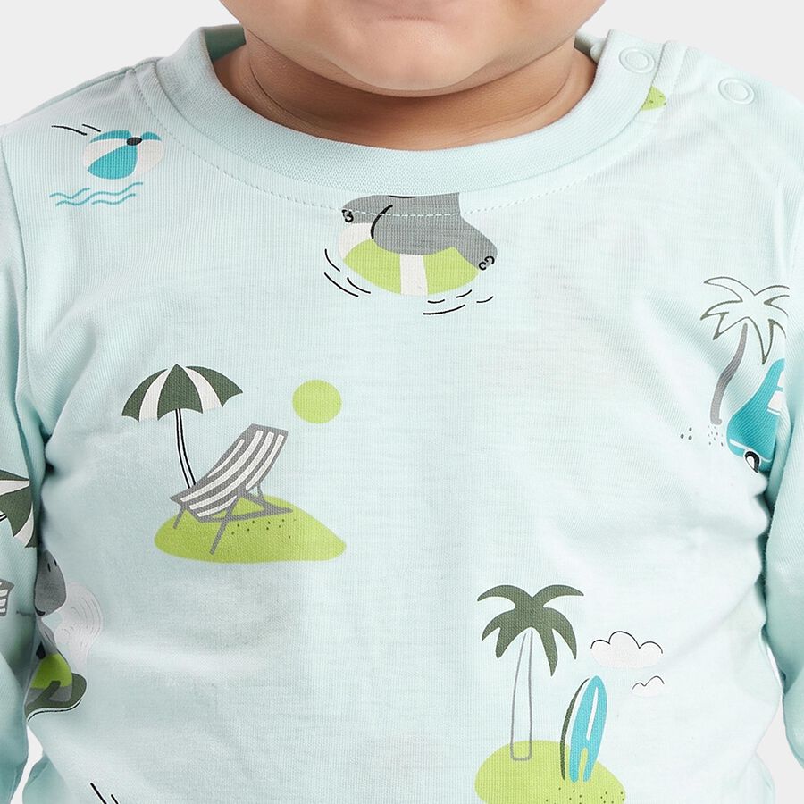 Infants' Aqua Cotton Round Neck Graphic Print Baba Suit, Aqua, large
