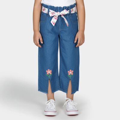 Girls' Bright Denim Blue Wide Leg Floral Embroidered Jeans