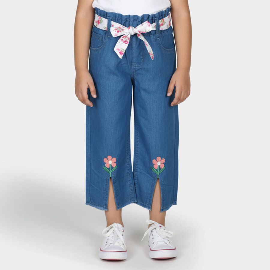Girls' Bright Denim Blue Wide Leg Floral Embroidered Jeans, हल्का नीला, large image number null