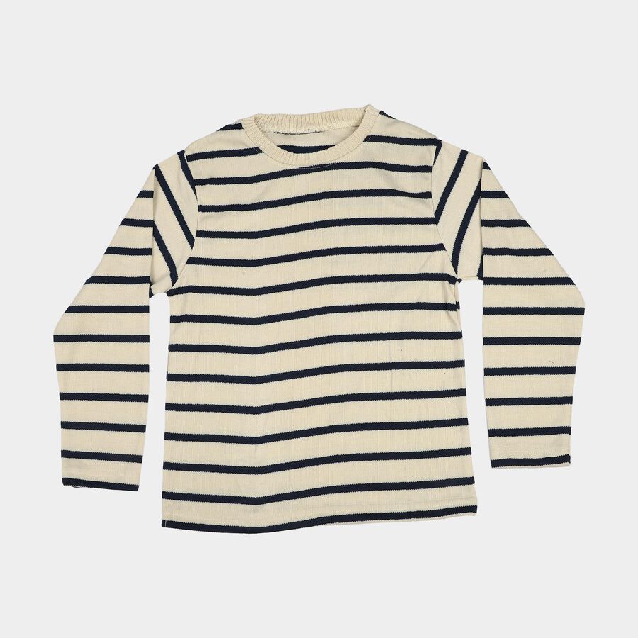 Boys' Cream Crew Neck Striped Pullover, Off White, large