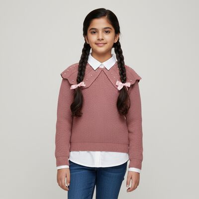Girls' Dusty Rose Crew Neck Knit Pullover