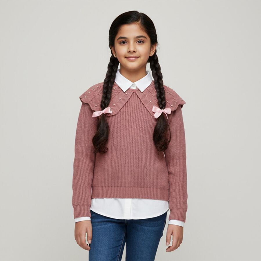 Girls' Dusty Rose Crew Neck Knit Pullover, Light Pink, large image number null