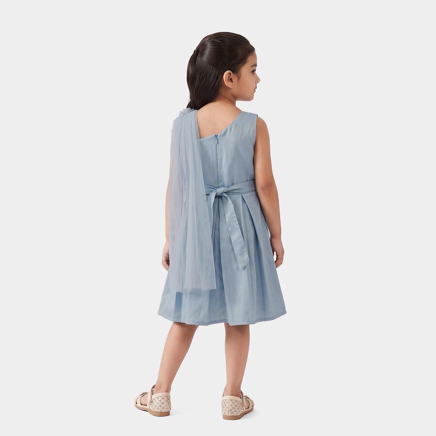 Girls' Light Blue Fit and Flare One Shoulder Embellished Frock, हल्का नीला, large