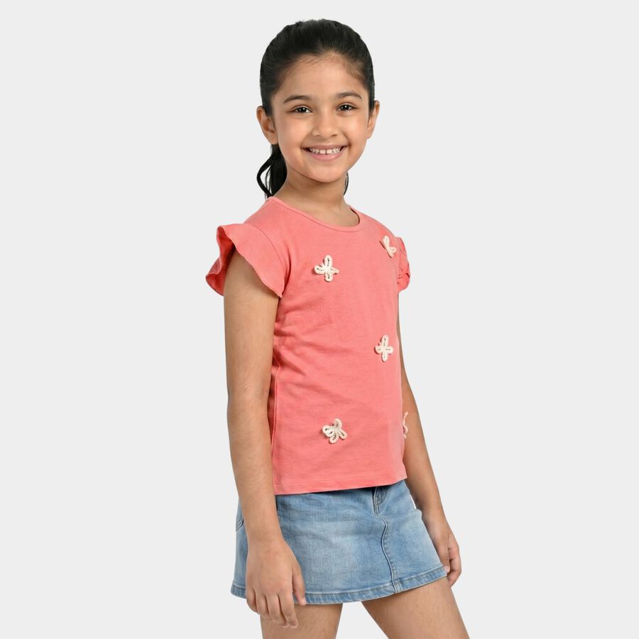 Girls Pink Cotton Round Neck Regular T-Shirt, Pink, large