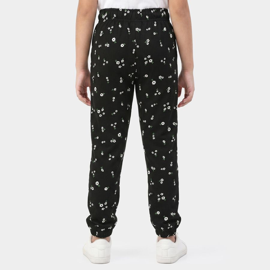 Girls' Black Jogger Floral Printed Cotton Blend Pyjama, Black, large