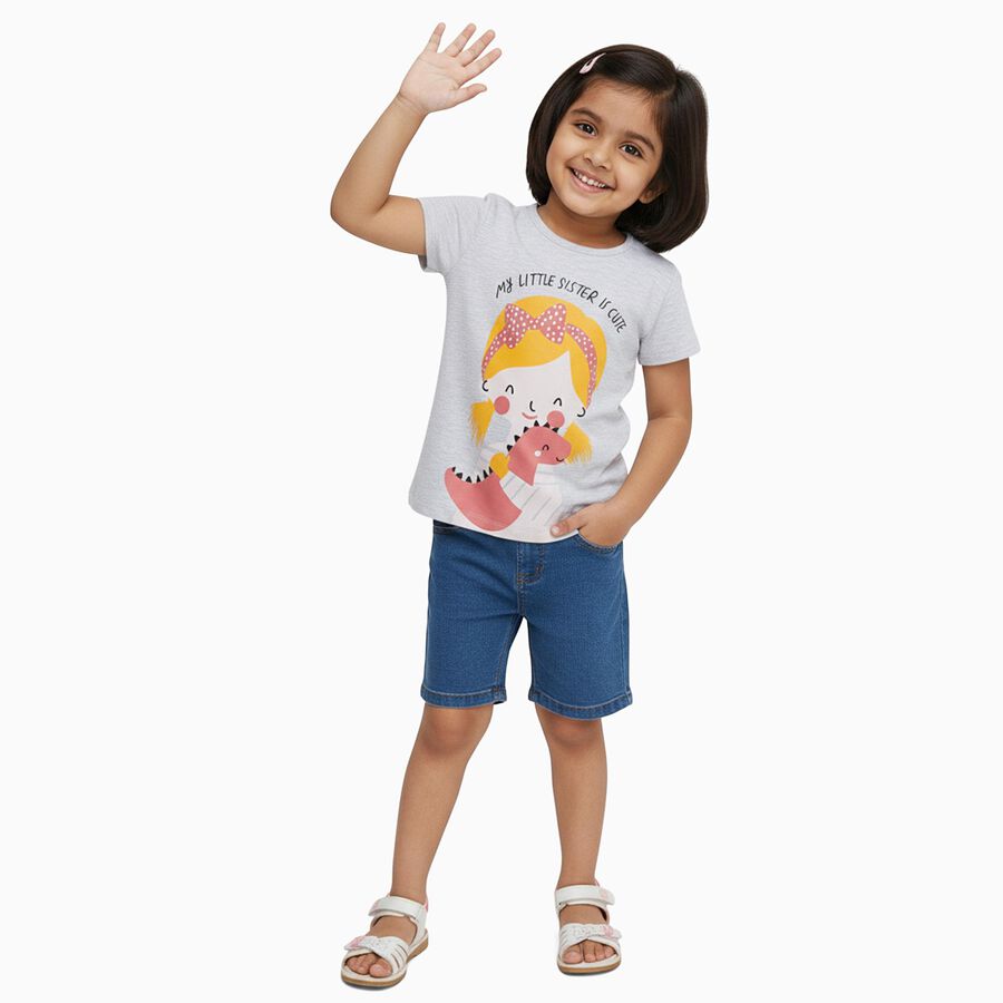 Girls Light Grey Round Neck Casual T-Shirt, Melange Light Grey, large image number null