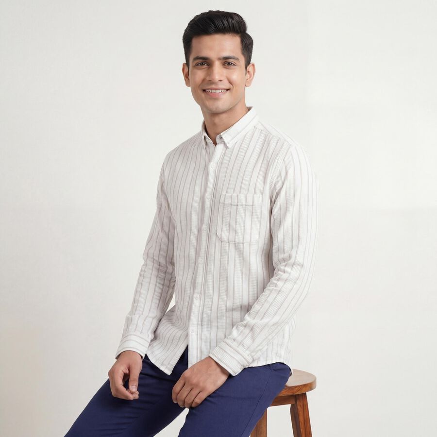 Men's Beige Cotton Spread Collar Casual Shirt, Beige, large