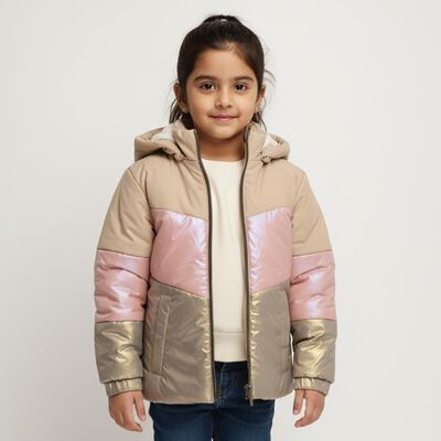 Girls Beige and Pink Hooded Casual Jacket
