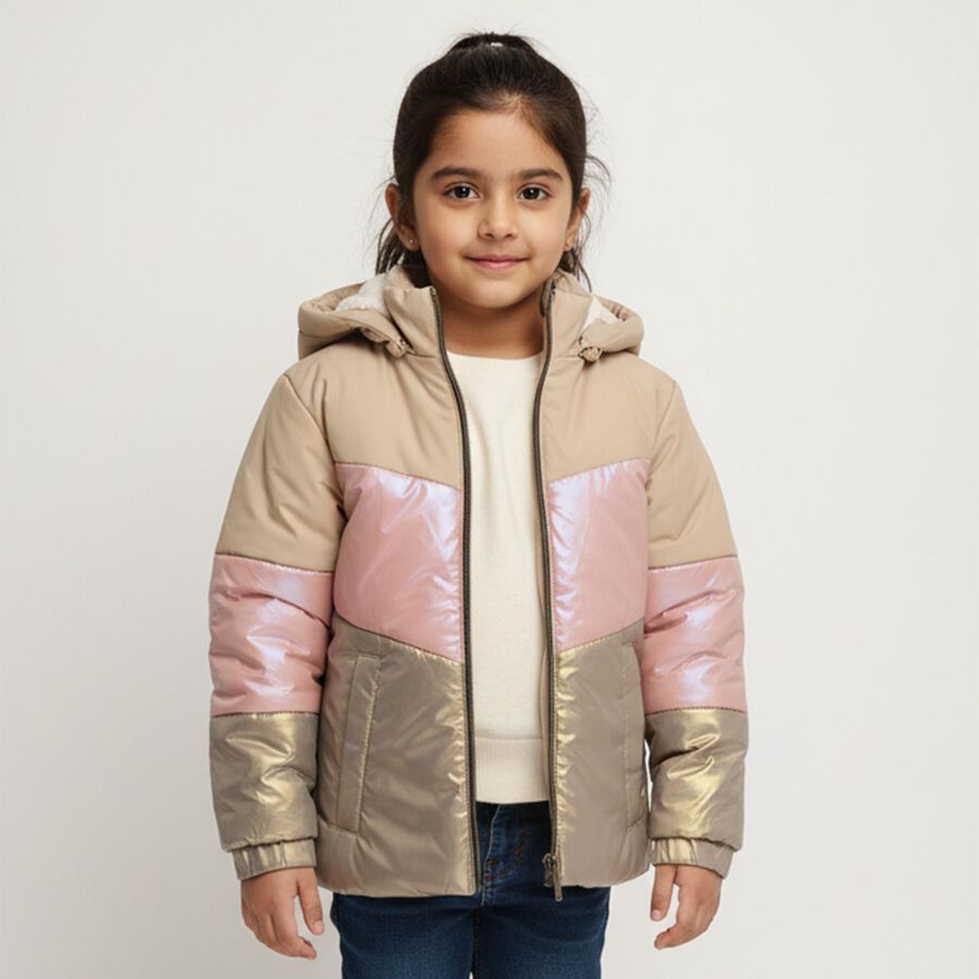 Girls Beige and Pink Hooded Casual Jacket, Beige, large image number null