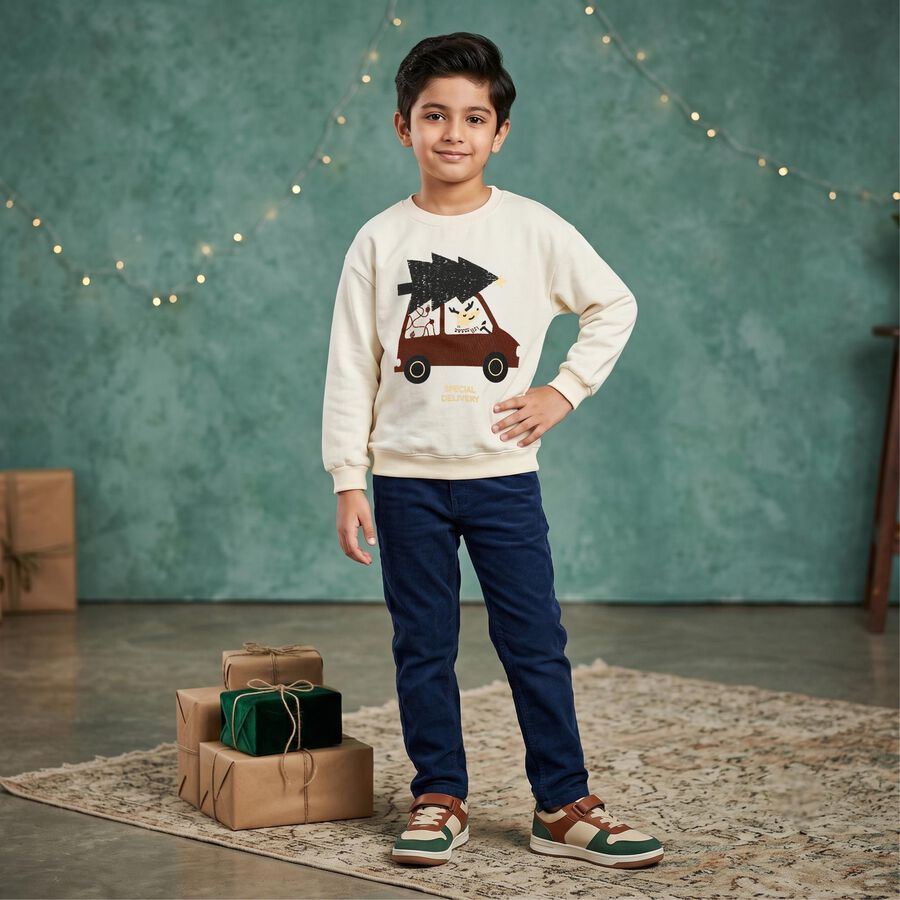Boys Off White Round Neck Pullover Sweatshirt, ऑफ व्हाइट, large