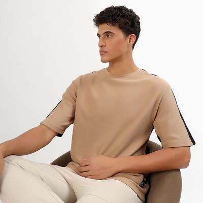 Men's Muted Beige Cotton Round Neck Casual T-Shirt