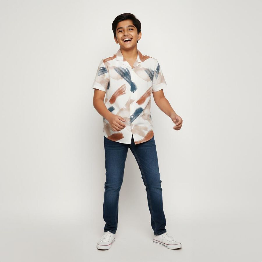 Boys Rich Eggshell White Half Sleeve Cuban Collar Casual Shirt, White, large image number null