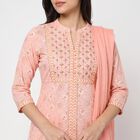Women's Light Pink Cotton Mandarin Collar Printed Straight Kurta, हल्का गुलाबी, small