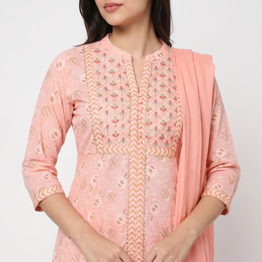 Women's Light Pink Cotton Mandarin Collar Printed Straight Kurta, हल्का गुलाबी, large