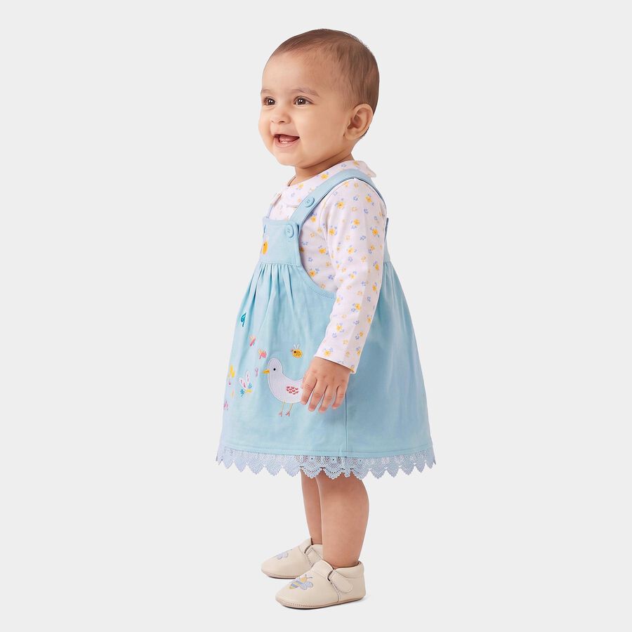 Infants' Light Blue Fit and Flare Embroidered Pinafore Frock, हल्का नीला, large