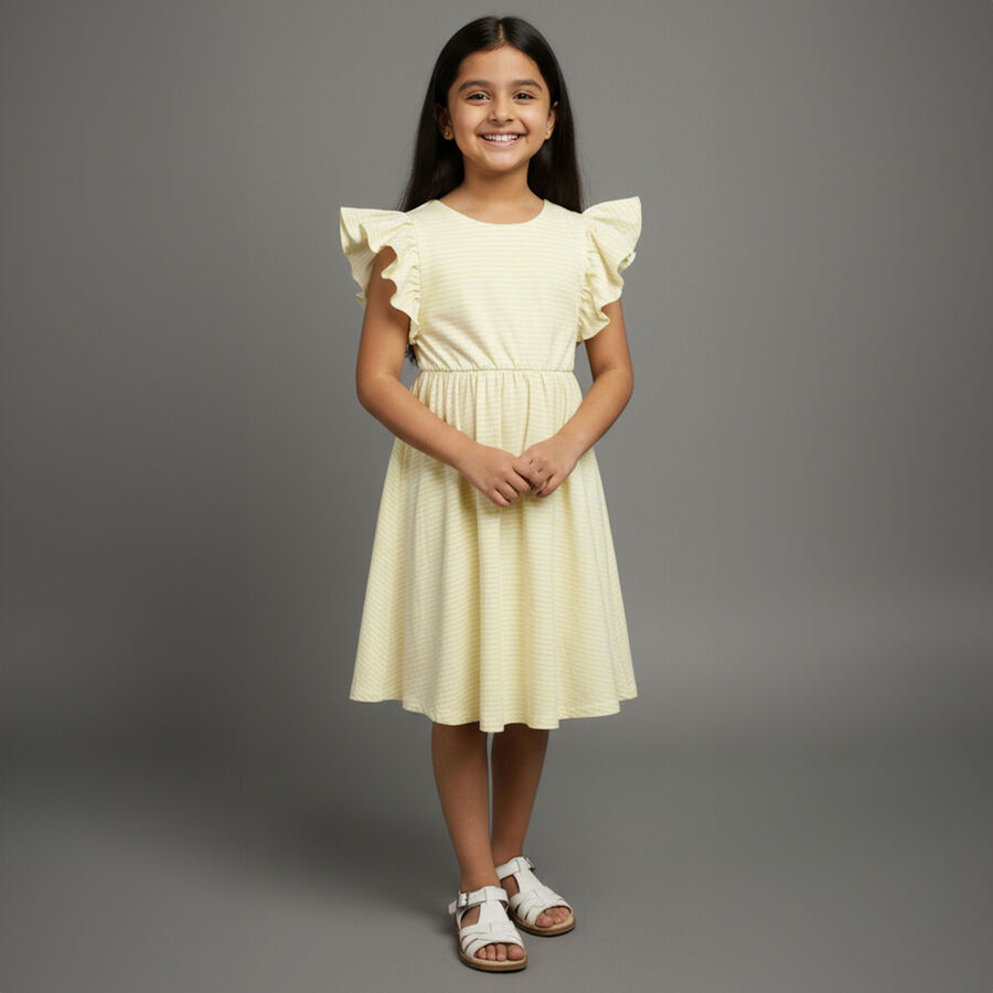 Girls' Light Yellow Round Neck Ruffle Sleeve Dress, Yellow, large image number null