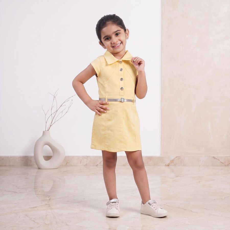 Girls' Yellow Shift Belted Shirt Collar Frock, Yellow, large
