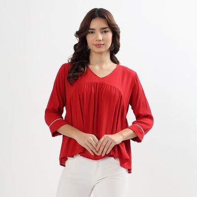 Ladies' Rich Crimson Red V-Neck Pleated Printed Kurti