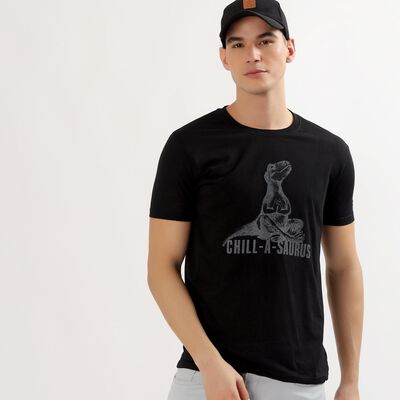 Men's Jet Black Round Neck Casual Graphic T-Shirt