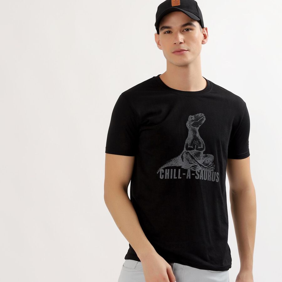 Men's Jet Black Round Neck Casual Graphic T-Shirt, Black, large image number null