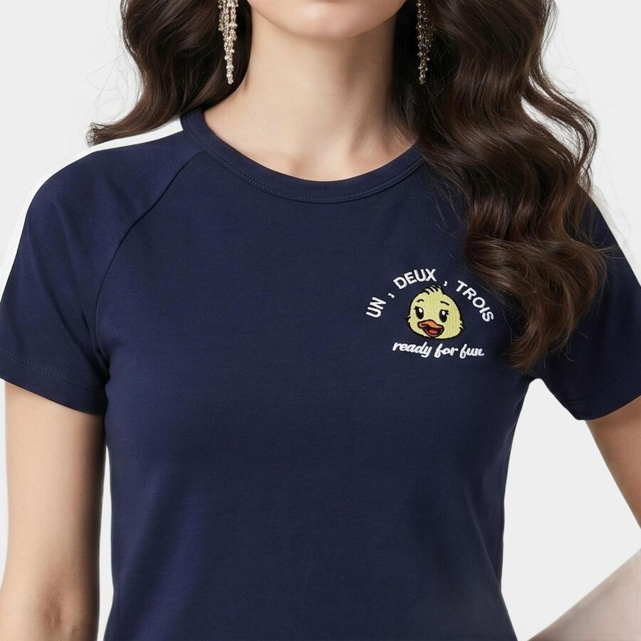 Women Navy Blue Round Neck Regular T-Shirt, नेवी ब्लू, large