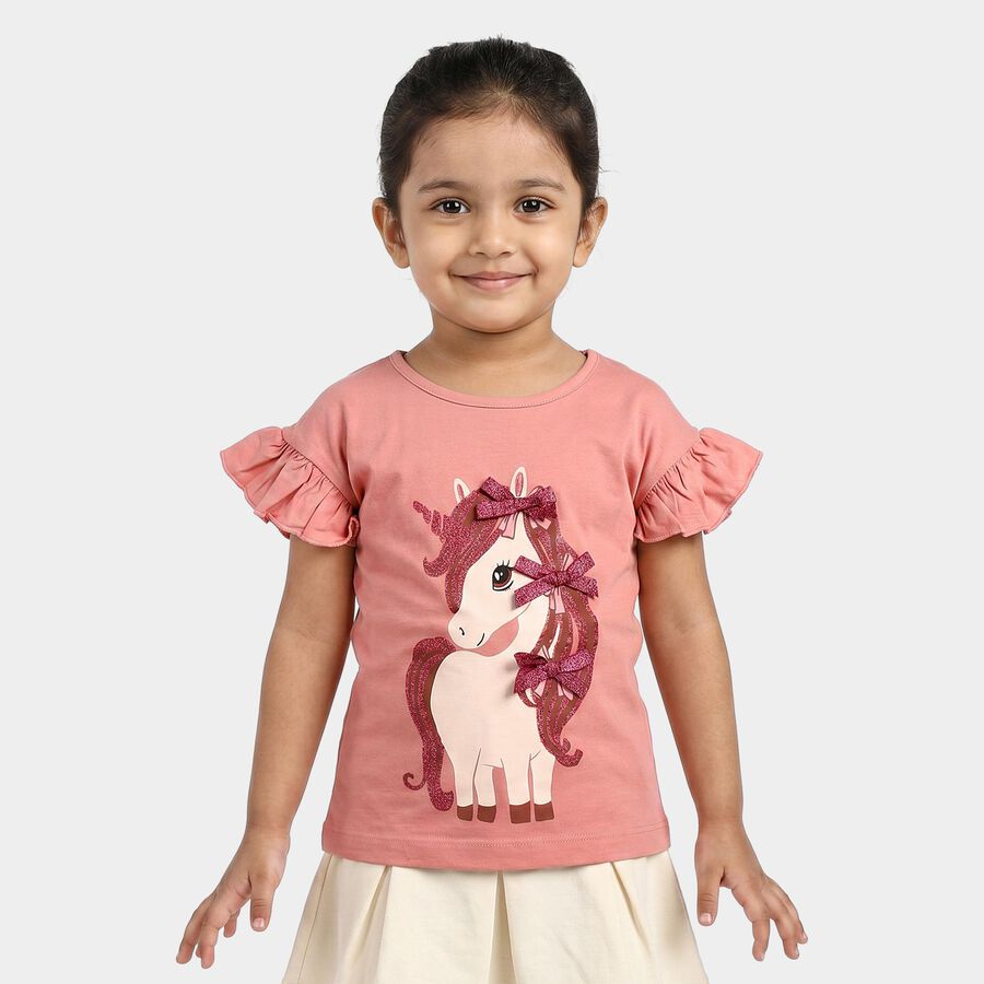 Girls Pink Cotton Round Neck Regular T-Shirt, हल्का गुलाबी, large