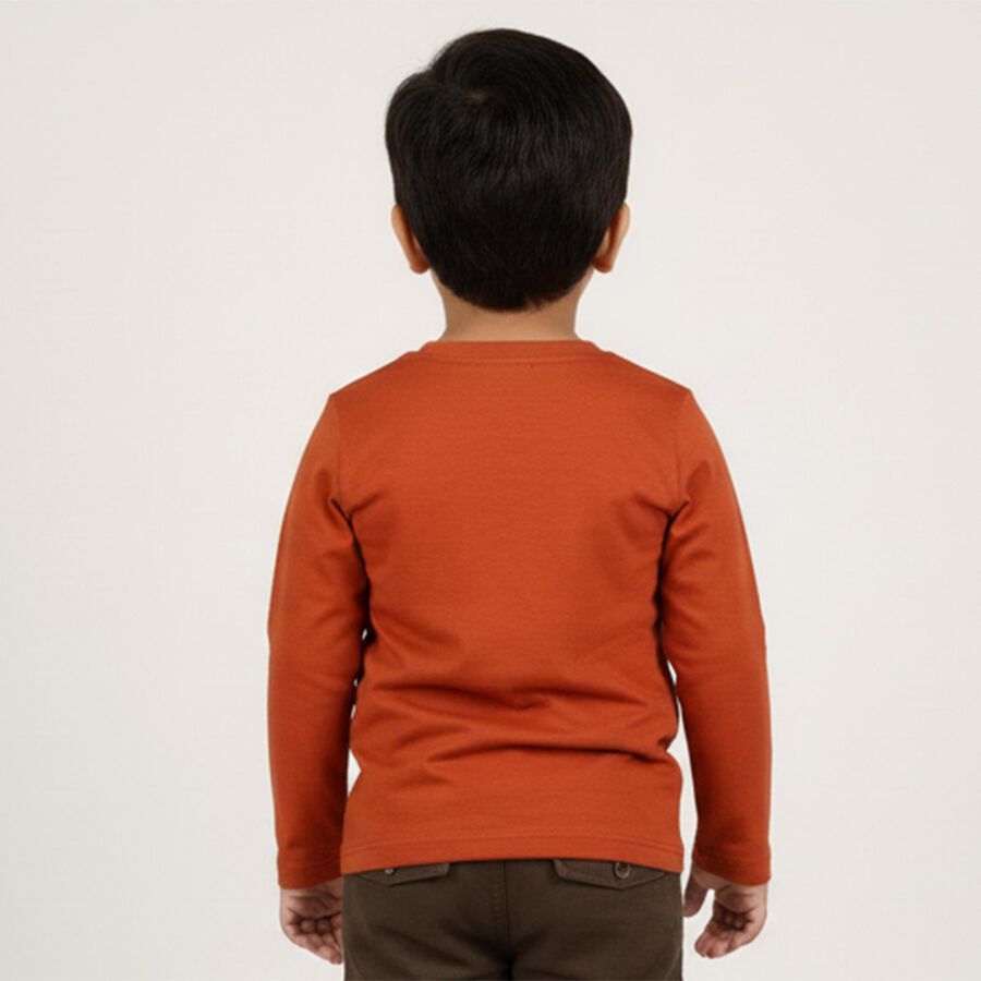 Boys' Rust Orange Cotton Dinosaur Printed Baba Suit, Brown, large image number null