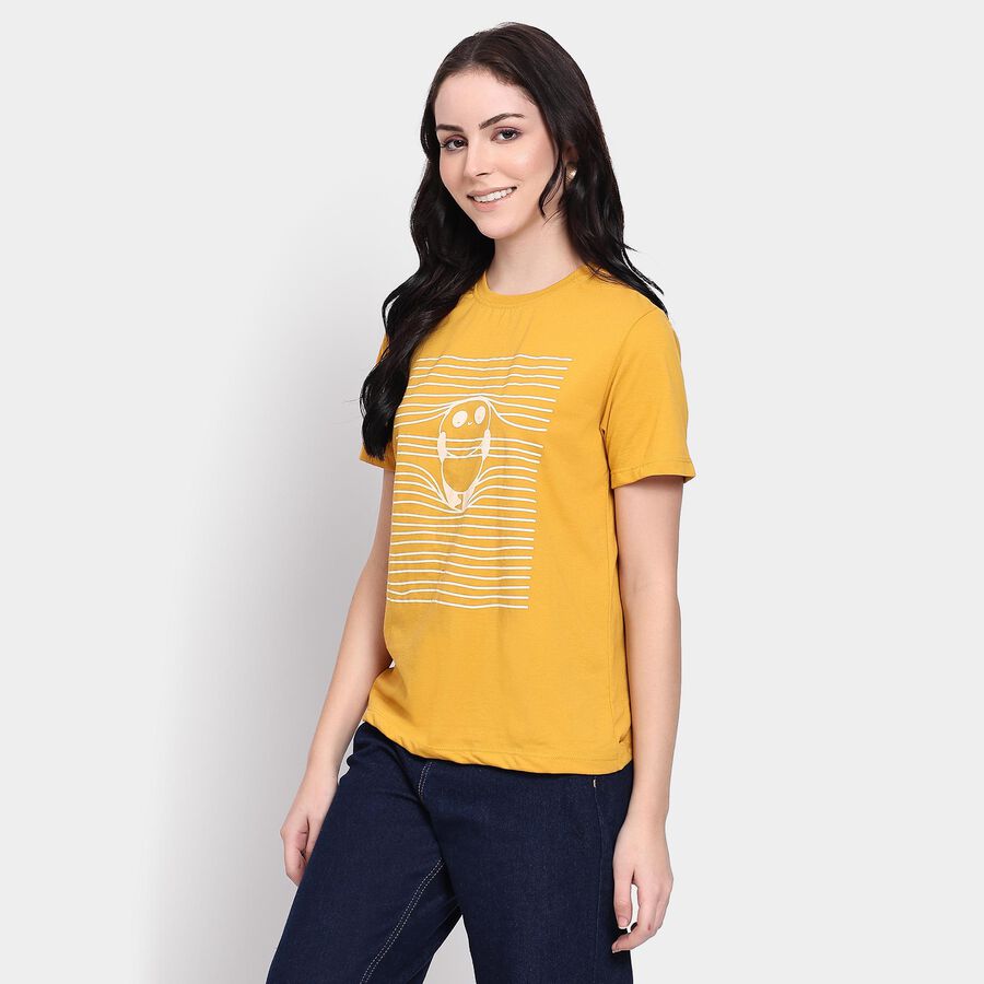 Ladies'  Stripes Round Neck T-Shirt, Mustard, large