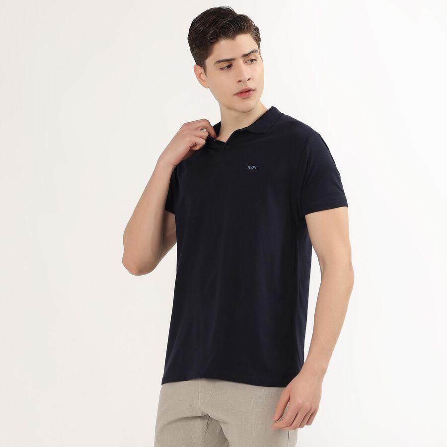 Men's Deep Midnight Navy Blue Polo Neck Casual T-Shirt, नेवी ब्लू, large