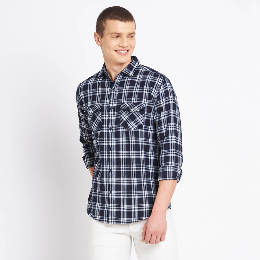 Cotton Checks Casual Shirt, Dark Blue, large image number null