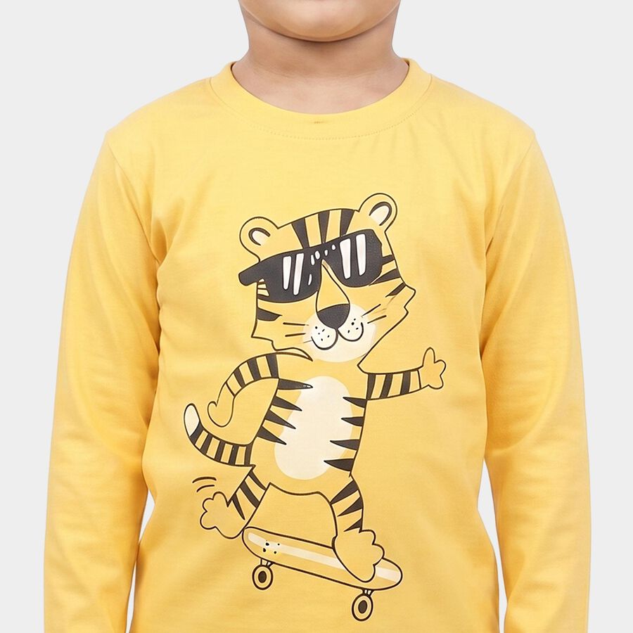 Boys Yellow Round Neck Graphic Print Baba Suit, Yellow, large