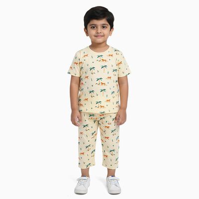 Boys Bright Yellow Cotton Round Neck Solid Night Suit