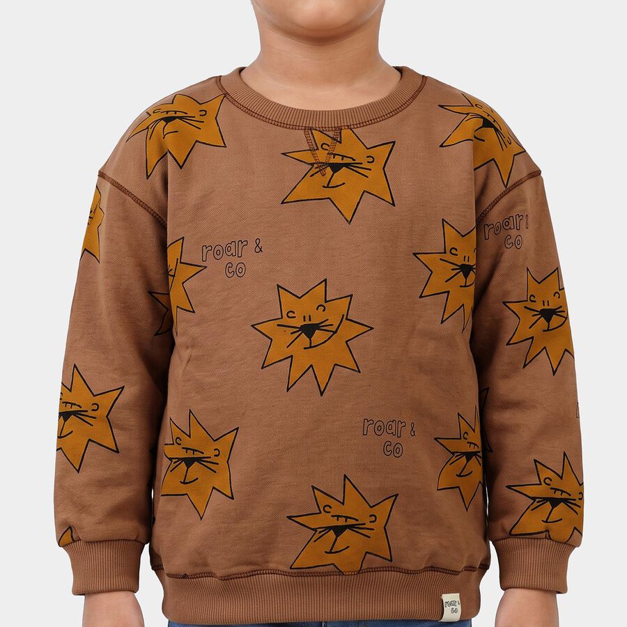 Boys' Beige Round Neck Pullover Sweatshirt, गहरा पीला, large