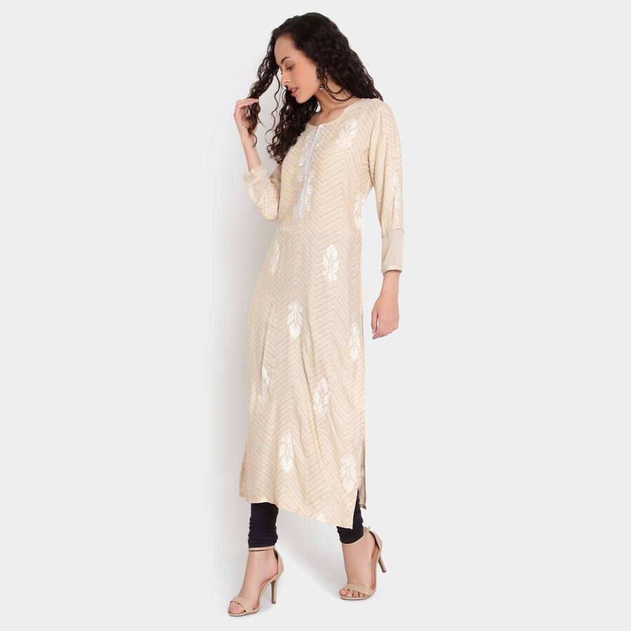 Solid Bell Sleeves Straight Kurta, Beige, large image number null