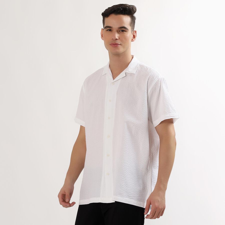 Men's Snow White Cotton Half Sleeve Cuban Collar Casual Shirt, White, large image number null