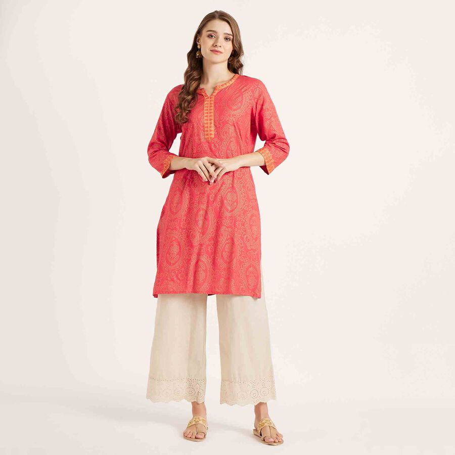 Printed 3/4th Sleeve Kurta, मूँगा (कोरल), large image number null